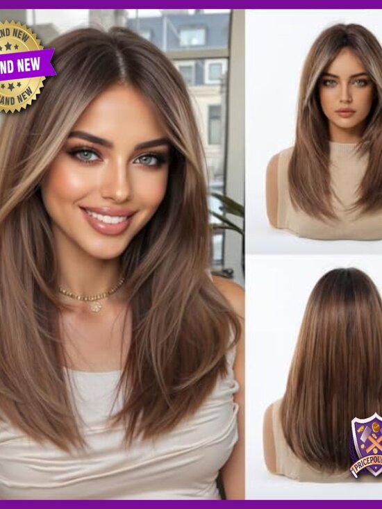 Medium Length Human Hair Wig Layered Straight Middle Part Glueless Lightweight main image 7